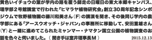 黄色いイチョウの葉が学内の路を覆う師走の日曜日の東大本郷キャンパス、理学部2号館講堂で行われた「ヒマラヤ植物研究会」創立30周年記念シンポジウムで牧野植物園の藤川和美さん（F）の講演を聞き、その後同じ学内の農学部にある「アースウオッチ・ジャパン」の事務所に移動して、安田重雄さん（Y）と一緒に進めてこられたミャンマー・ナマタン国立公園の植物調査のお話を色々と伺いました。 （ 聞き手は室井理事長M ） 2015.12.13