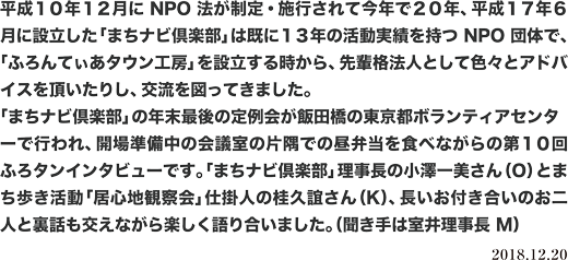 平成10年12月にNPO法が制定・施行されて今年で20年、平成17年6月に設立した「まちナビ倶楽部」は既に13年の活動実績を持つNPO団体で、「ふろんてぃあタウン工房」を設立する時から、先輩格法人として色々とアドバイスを頂いたりし、交流を図ってきました。
「まちナビ倶楽部」の年末最後の定例会が飯田橋の東京都ボランティアセンターで行われ、開場準備中の会議室の片隅での昼弁当を食べながらの第10回ふろタンインタビューです。「まちナビ倶楽部」理事長の小澤一美さん(O)とまち歩き活動「居心地観察会」仕掛人の桂久誼さん(K)、長いお付き合いのお二人と裏話も交えながら楽しく語り合いました。(聞き手は室井理事長 M) 2018.12.20